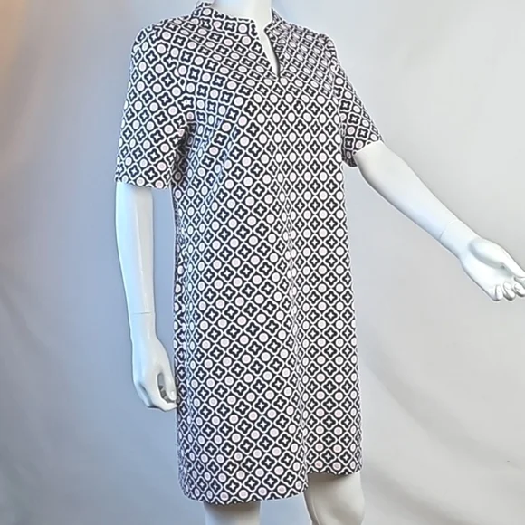 Talbots Navy & Pink Geometric Print Split Mockneck Short Sleeve Shift Dress - Picture 7 of 16
